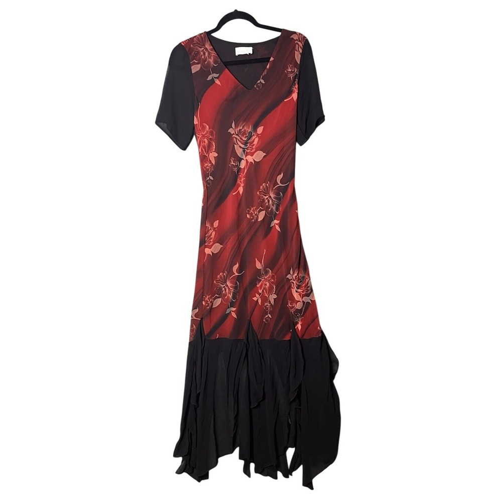 Sharon Max Red Black Floral Handkerchief Maxi Dress Medium USA Romantic Goth